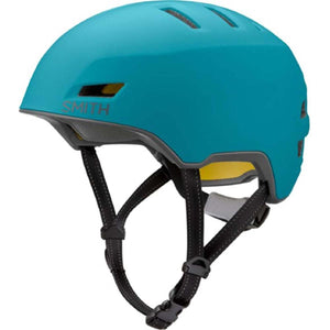 Smith Optics teal bicycle helmet with black straps and yellow interior padding