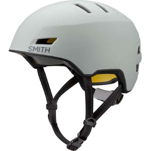 Smith Optics matte grey bicycle helmet with black straps and yellow interior accents
