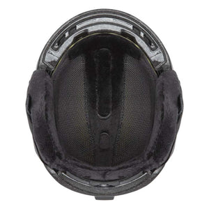 Interior view of a black ski helmet with plush faux fur lining and mesh padding