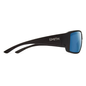 Smith Optics black sunglasses with blue mirrored lenses viewed from the side