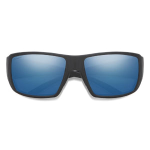 Smith Optics sunglasses with matte black frames and blue reflective lenses