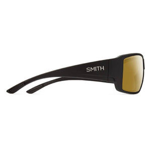 Smith Optics black sunglasses with gold lenses viewed from the side