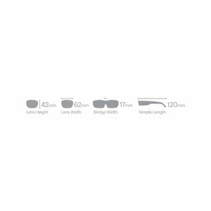 Smith Optics sunglasses sizing diagram showing lens height 42mm lens width 62mm bridge width 17mm and temple length 120mm