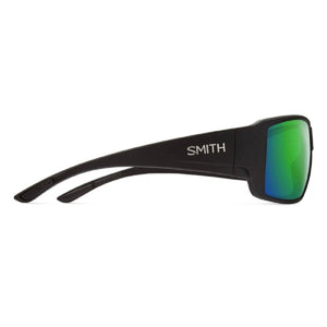 Smith Optics black sunglasses with green reflective lenses viewed from the side