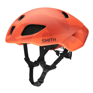 Smith Optics orange cycling helmet with black straps and mesh vents