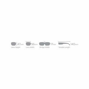 Smith Optics eyewear sizing diagram showing lens height width bridge width and temple length in millimeters