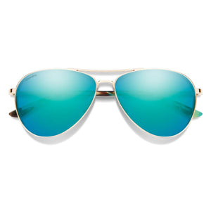 Smith Optics aviator sunglasses with gold frames and reflective blue green ChromaPop lenses