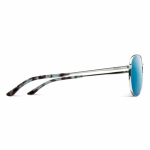 Side profile of Smith Optics sunglasses with silver frames and blue mirrored lenses