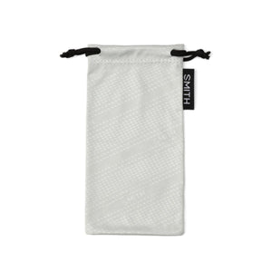 Smith Optics grey microfiber eyewear pouch with black drawstring and logo tag