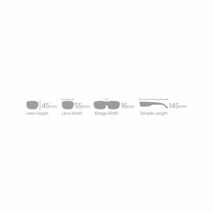 Smith Optics eyewear sizing diagram showing lens height width bridge width and temple length measurements