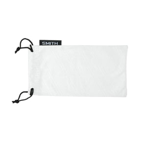 White Smith Optics microfiber eyewear storage pouch with black drawstring