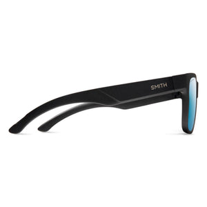 Smith Optics matte black sunglasses with blue reflective lenses side view