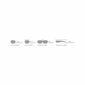 Smith Optics eyewear sizing diagram showing lens height width bridge width and temple length measurements