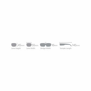 Diagram showing eyewear measurements with 45mm lens height 55mm lens width 16mm bridge width and 145mm temple length