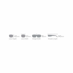 Smith Optics eyewear sizing diagram showing lens height width bridge width and temple length in millimeters