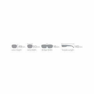 Smith Optics sunglasses sizing chart showing lens height 49mm lens width 60mm bridge width 16mm and temple length 145mm