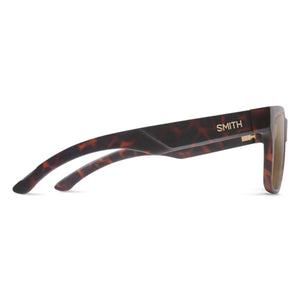 Side profile of Smith Optics tortoise shell sunglasses with gold logo