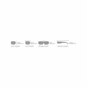 Smith Optics eyewear sizing diagram showing lens height 49mm lens width 60mm bridge width 16mm and temple length 145mm