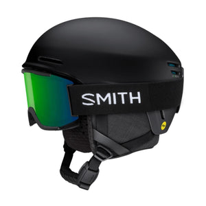 Smith Optics matte black ski helmet with green mirrored goggles and MIPS technology