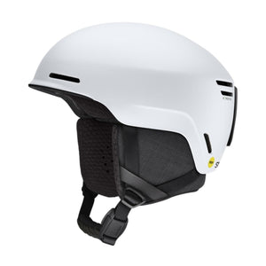 Smith Optics white snow helmet with black ear pads and chin strap