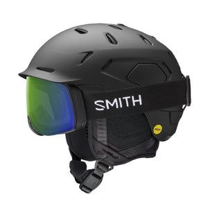 Smith Optics matte black ski helmet with integrated green and blue visor