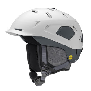 Smith Optics white ski helmet with Mips technology and grey ear pads
