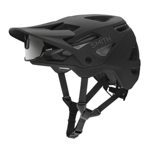 Matte black Smith mountain bike helmet with visor and integrated sunglasses