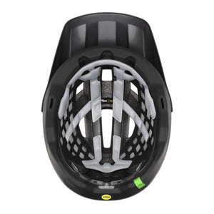 Interior view of a black mountain bike helmet showing the Mips safety system padding and retention cradle
