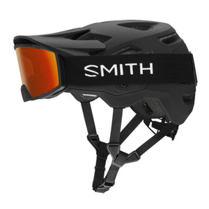 Matte black Smith mountain bike helmet with orange tinted goggles
