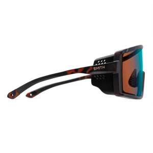 Smith tortoise shell sunglasses with side shields and reflective orange and blue lenses