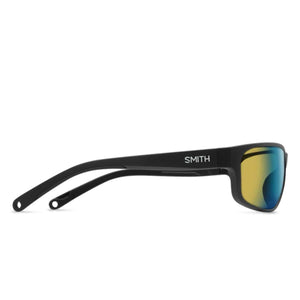 Side profile of Smith sunglasses with matte black frames and reflective yellow and blue lenses