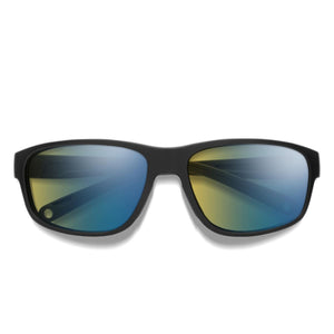 Black frame sunglasses with blue and yellow reflective lenses