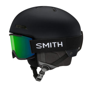 Smith Optics matte black ski helmet with green mirrored goggles