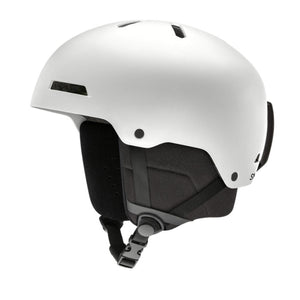 Smith Optics white matte snow helmet with black ear pads and chin strap