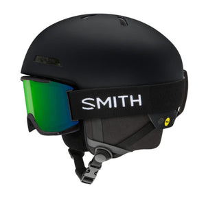 Smith Optics matte black ski helmet with green mirrored goggles and MIPS technology