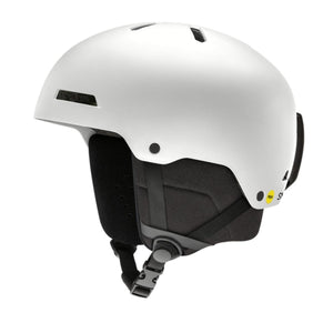 Smith Optics white matte ski helmet with black ear pads and chin strap