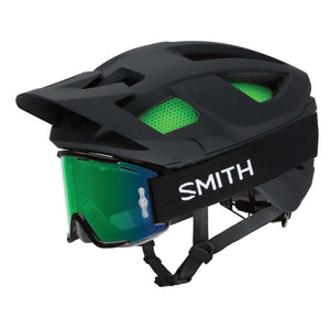 Smith black mountain bike helmet with green visor and goggles