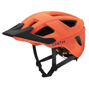 Smith Optics orange mountain bike helmet with black visor and adjustable chin strap