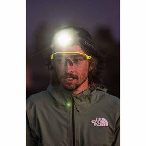 Person wearing Smith Optics yellow frame sunglasses and a headlamp
