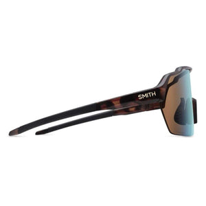Side view of Smith Optics sunglasses with tortoise shell frame and blue reflective lens