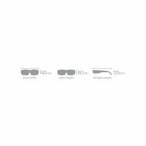 Smith Optics sunglasses dimension diagram showing lens width 142mm lens height 60mm and temple length 125mm