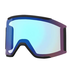 Ski goggles with black frame and blue mirrored lens