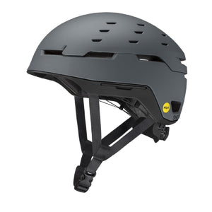 Matte grey Smith Optics bicycle helmet with Mips technology and adjustable chin strap
