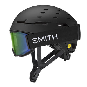 Smith Optics matte black ski helmet with integrated green mirrored goggles and Mips safety technology