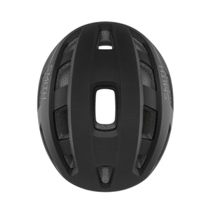 Top view of a matte black Smith Optics cycling helmet with ventilation ports