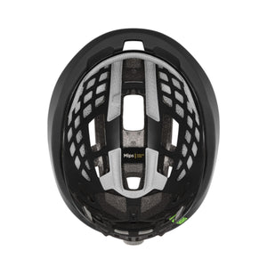 Interior view of black bicycle helmet showing Mips Evolve Core safety system and padding