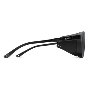 Side profile of black Smith sunglasses with side shields