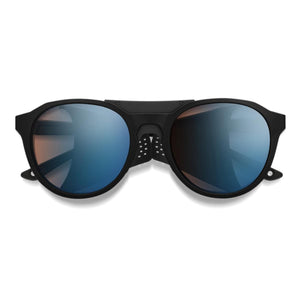 Black frame sunglasses with blue reflective photochromic lenses
