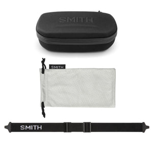 Smith Optics black protective case, white microfiber pouch, and black adjustable strap