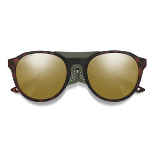 Smith Optics tortoise shell sunglasses with gold mirrored ChromaPop lenses and olive green nose bridge